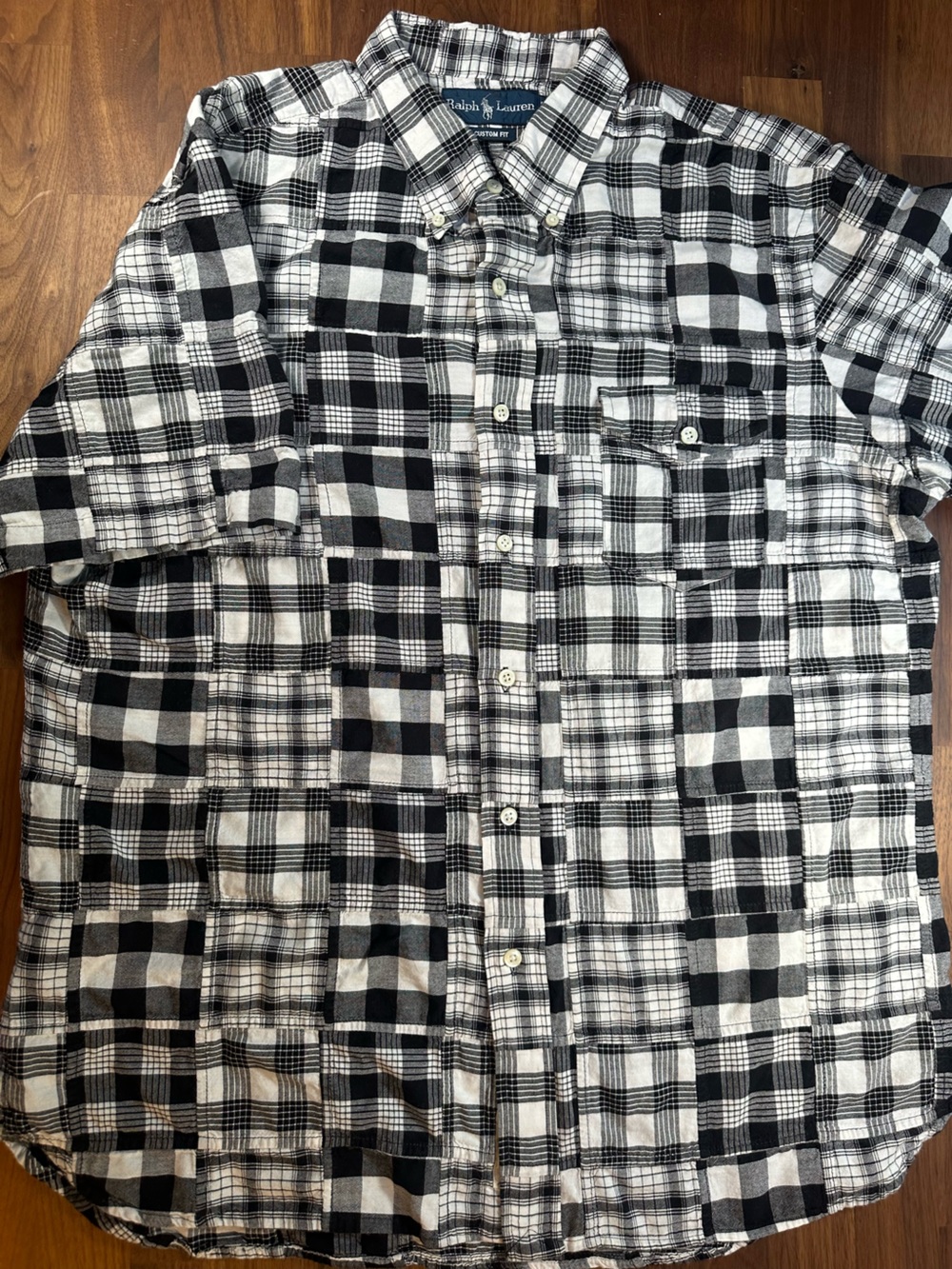 Rare Ralph Lauren Men’s L Patchwork Plaid Shirt Black White Custom Fit Button